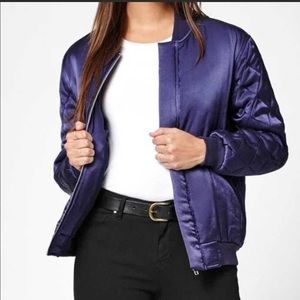Blue Bomber jacket with quilted sleeves